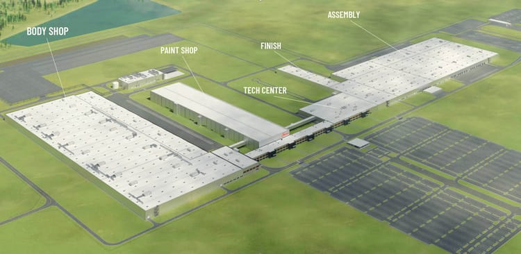 A computer generated birds-eye view of the manufacturing plant.